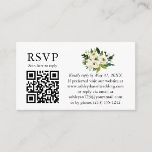 Cartão De Informações Casamento Floral Branco Verde Watercolor QR RSVP