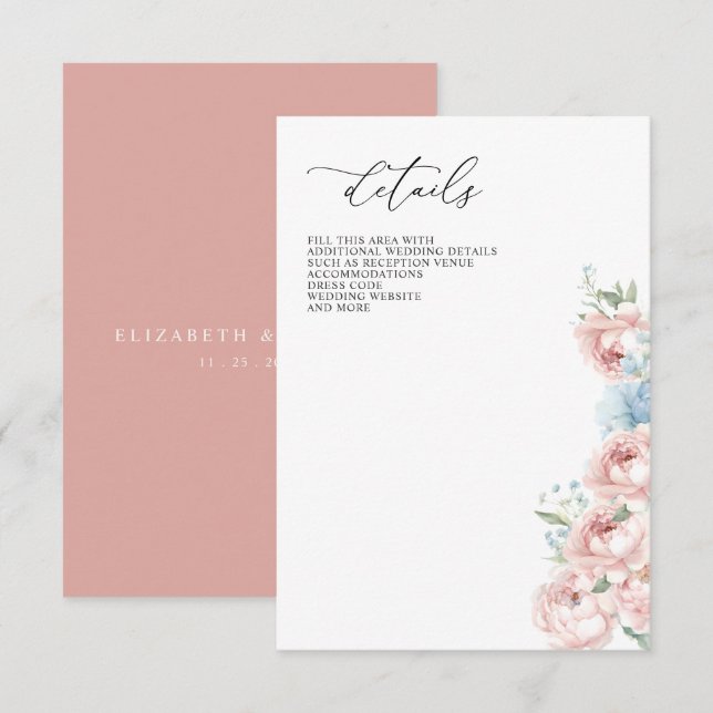 Cartão De Informações Casamento Floral Cor-de-rosa Elegante Boho Verão P (Frente/Verso)
