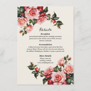 Cartão De Informações Casamento floral, cor-de-rosa elegante e rosas ver