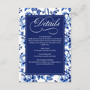 Cartão De Informações Casamento Floral de Banho Azul e Branco com Caligr