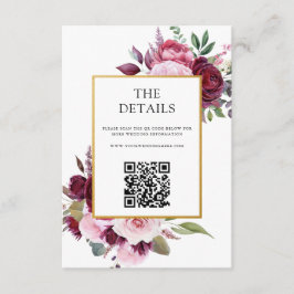 Cartão De Informações Casamento Floral de Borgonha e Elegante Rosa