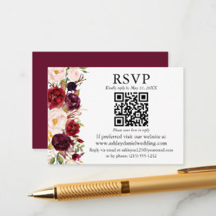 Cartão De Informações Casamento Floral de Borgonha em Aquarela QR RSVP
