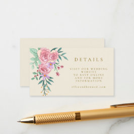 Cartão De Informações Casamento Floral de Cor de Água Rosa-Rosa Elegante