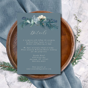 Cartão De Informações Casamento Floral de Inverno em Azul Cinza Desbotad