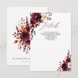 Cartão De Informações Casamento Floral de Outono Boho Elegante em Burgun