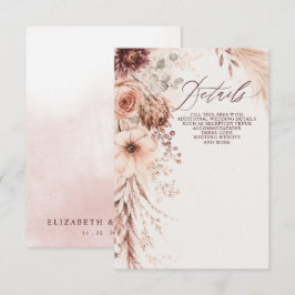Cartão De Informações Casamento Floral de Outono Pampas Burgundy Rústico