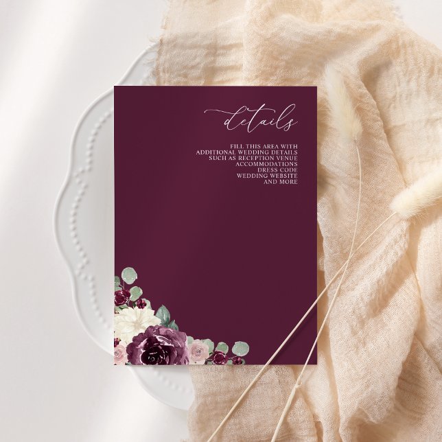 Cartão De Informações Casamento Floral de Plum Botânico Moderno Elegante (Elegant Modern Botanical Plum Floral Wedding Enclosure Card)