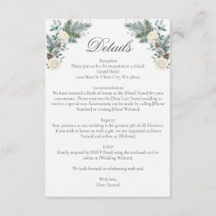 Cartão De Informações Casamento Floral de Rosas Brancas Abeto Sempre-Ver
