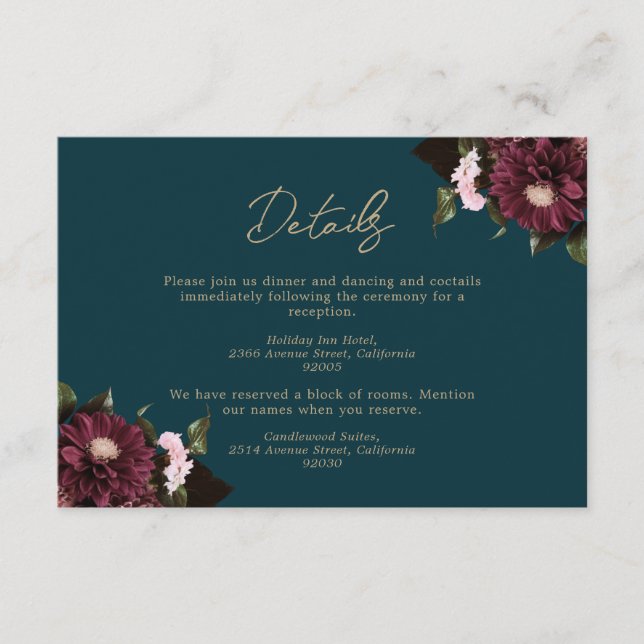 Cartão De Informações Casamento Floral de Teal Burgundy Escuro Elegante (Frente)