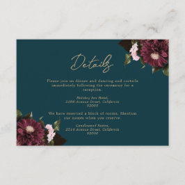 Cartão De Informações Casamento Floral de Teal Burgundy Escuro Elegante