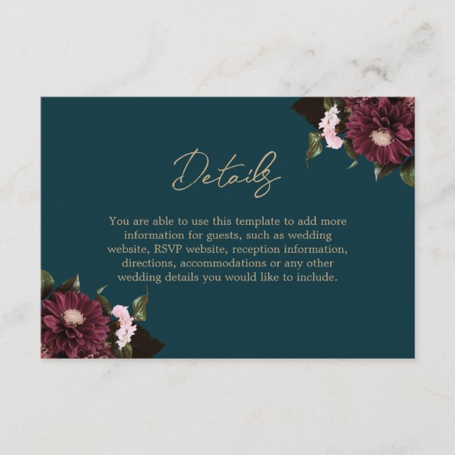 Cartão De Informações Casamento Floral de Teal Burgundy Escuro Elegante (Frente)