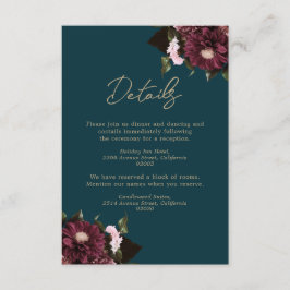 Cartão De Informações Casamento Floral de Teal Burgundy Escuro Elegante
