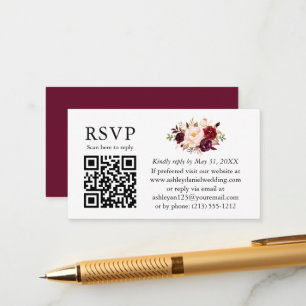 Cartão De Informações Casamento Floral de Watercolor QR RSVP Burgundy