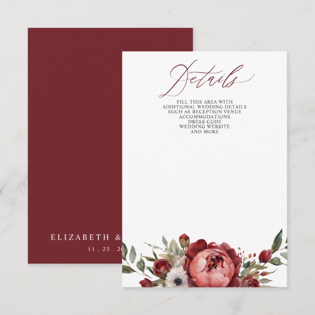 Cartão De Informações Casamento Floral do Boho Burgundy (Frente/Verso)