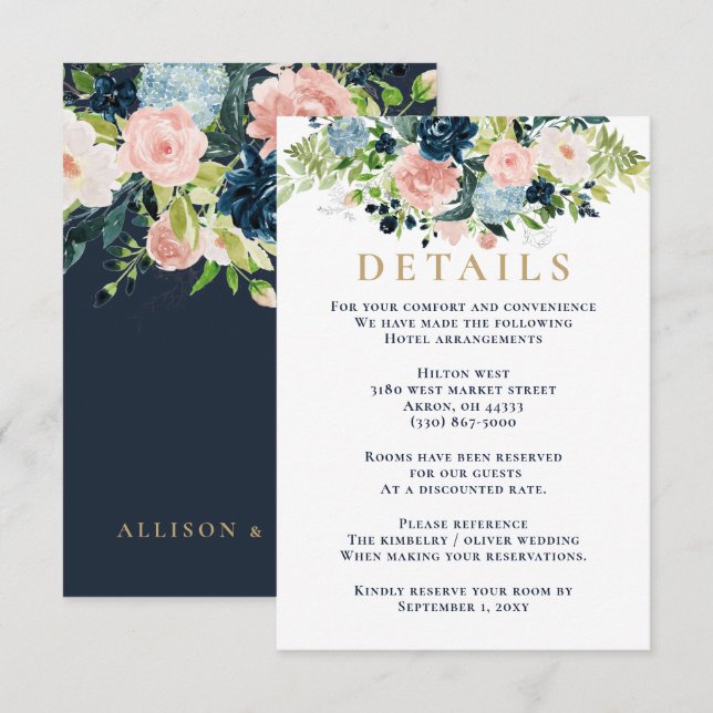 Cartão De Informações Casamento Floral Dourado com Marinho de Aquarela R (Frente/Verso)