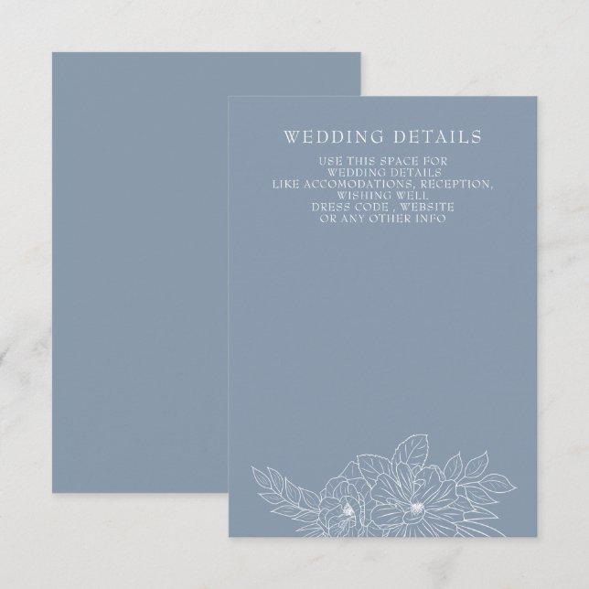 Cartão De Informações Casamento Floral Elegante Minimal Azul Empoeirado  (Frente/Verso)