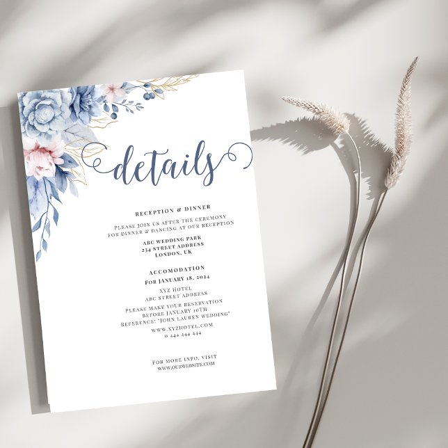 Cartão De Informações Casamento Floral em Aquarela Azul Empoeirado (Criador carregado)