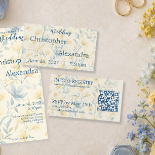 Cartão De Informações Casamento Floral em Azul e Creme Suave em Aquarela