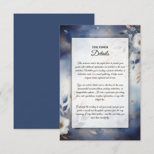Cartão De Informações Casamento Floral em Azul Marinho e Dourado