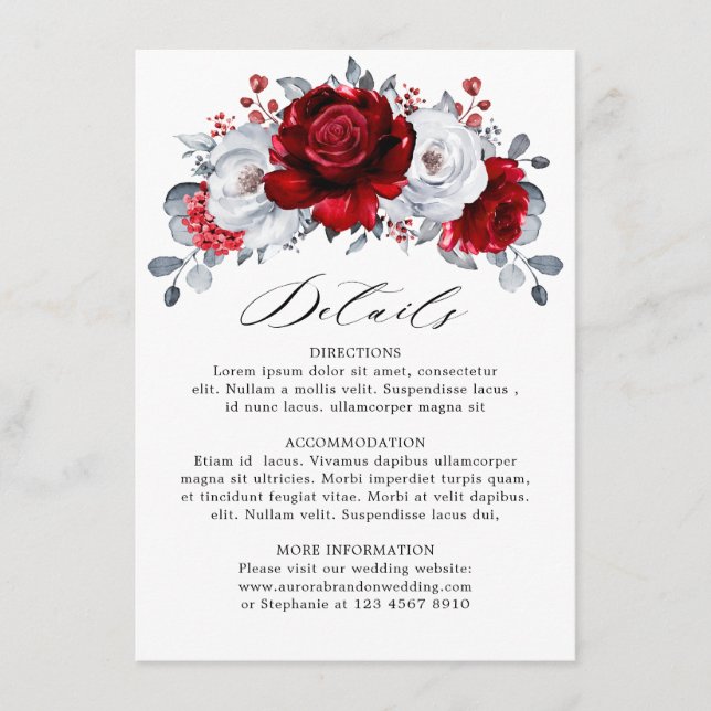 Cartão De Informações Casamento Floral Metálico Prata Branco Vermelho Re (Frente)