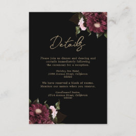 Cartão De Informações Casamento Floral Negro Elegante