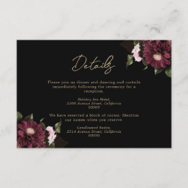 Cartão De Informações Casamento Floral Negro Elegante