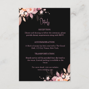 Cartão De Informações Casamento Floral Preto e Rosa Beije
