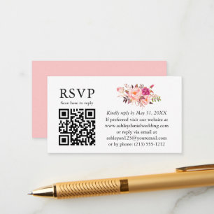 Cartão De Informações Casamento Floral QR RSVP com Blush de Cor-de-Água