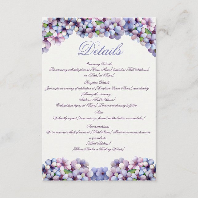 Cartão De Informações Casamento Floral Romântico Poético Lilac Watercolo (Frente)
