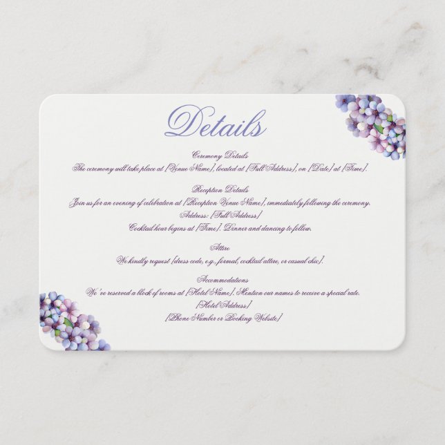 Cartão De Informações Casamento Floral Romântico Poético Lilac Watercolo (Frente)