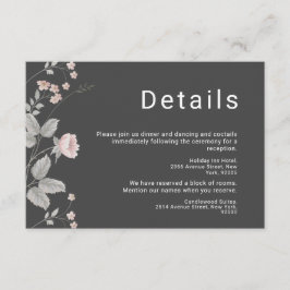 Cartão De Informações Casamento Floral Rosa Elegante e Cinza Escuro