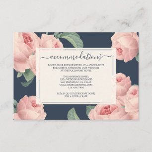 Cartão De Informações Casamento Floral Rosa Vintage Azul Escuro Chic