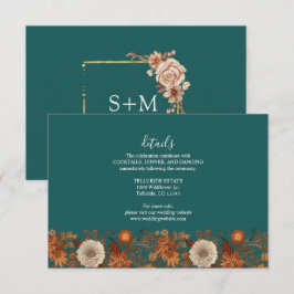 Cartão De Informações Casamento Floral Terracota Aquarela Azul Outono