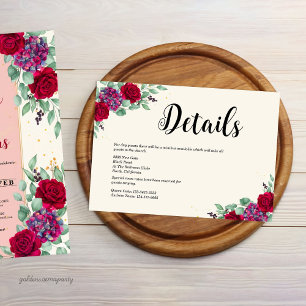 Cartão De Informações Casamento Floral Vermelho e Roxo Sombrio
