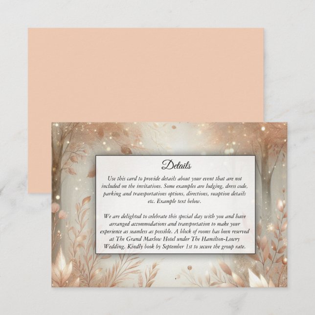 Cartão De Informações Casamento Florestal Encantado de ouro Rosewood (Frente/Verso)