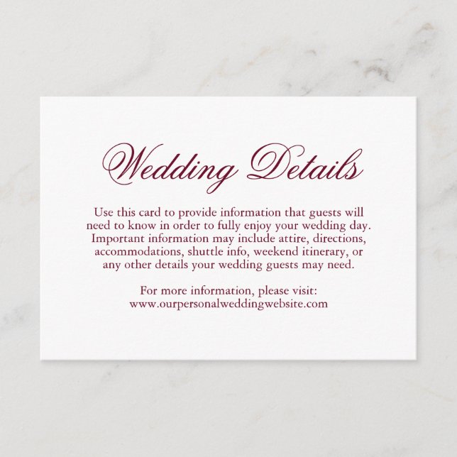 Cartão De Informações Casamento Formal da Borgonha Tradicional Elegante (Frente)