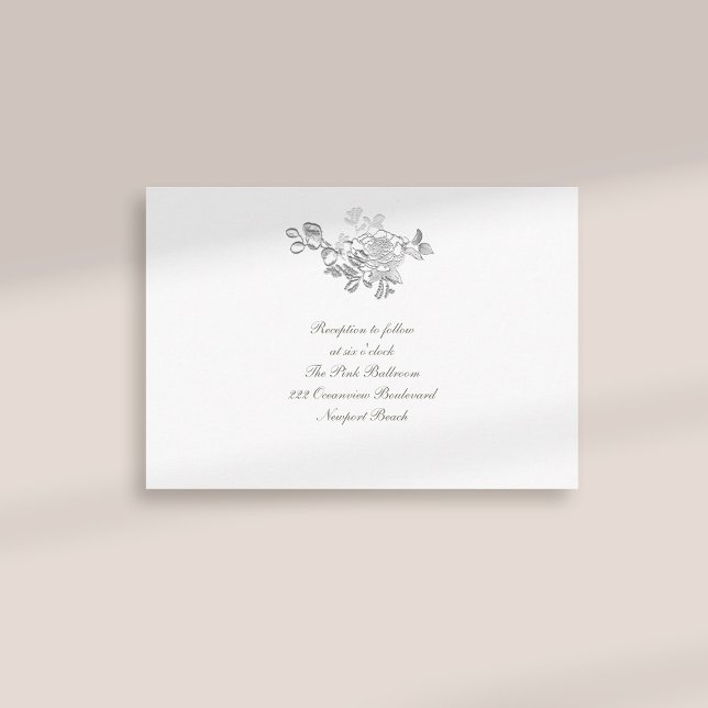 Cartão De Informações Casamento Formal De Recepção De Peônias De Faux (formal traditional elegant calligraphy wedding reception card faux embossed peony ivory classic)