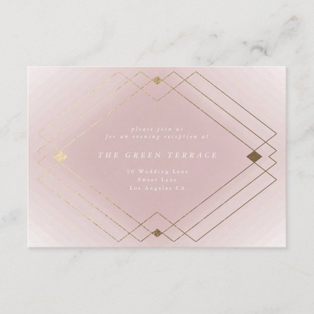 Cartão De Informações Casamento Geométrico Deco Gatsby Dourado Rosa-Rosa (Frente)