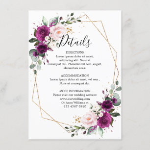 Cartão De Informações Casamento Geométrico Floral com Blush de Plum Roxo