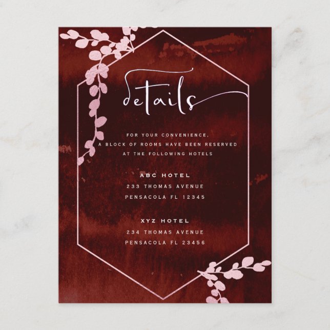 Cartão De Informações Casamento Geométrico Floral Rustic Burgundy Pink (Frente)