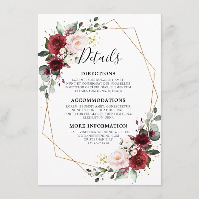 Cartão De Informações Casamento Geométrico Romântico Vermelho Floral Ver (Frente)