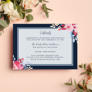 Cartão De Informações Casamento Gracioso, Rosa Floral e Azul Dusty