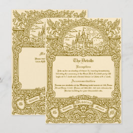 Cartão De Informações Casamento Gravado a Ouro de Fantasia Medieval Vint