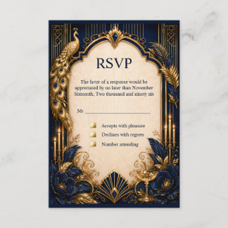 Cartão De Informações Casamento luxuoso resposta navy dourado gatsby pav