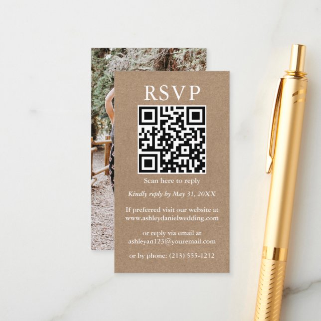 Cartão De Informações Casamento Minimalista Simples QR Foto Kraft RSVP (Frente/Verso In Situ)