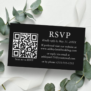 Cartão De Informações Casamento Minimalista Simples QR Preto RSVP