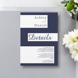 Cartão De Informações Casamento Moderno Branco Azul-Marinho Mínimo Elega