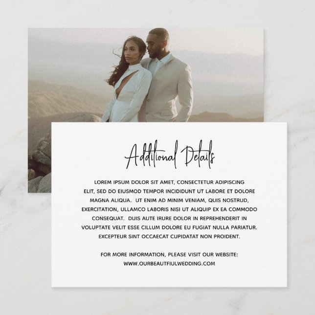 Cartão De Informações Casamento Moderno de Foto Branca e Preta Minimalis (Frente/Verso)