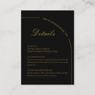Cartão De Informações Casamento Moderno Minimalista Preto e Dourado