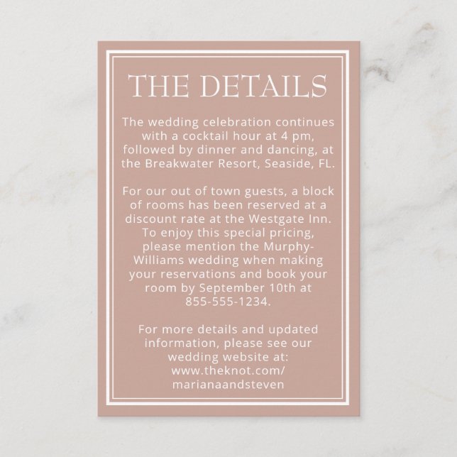 Cartão De Informações Casamento Moderno Minimalista Rosa (Frente)